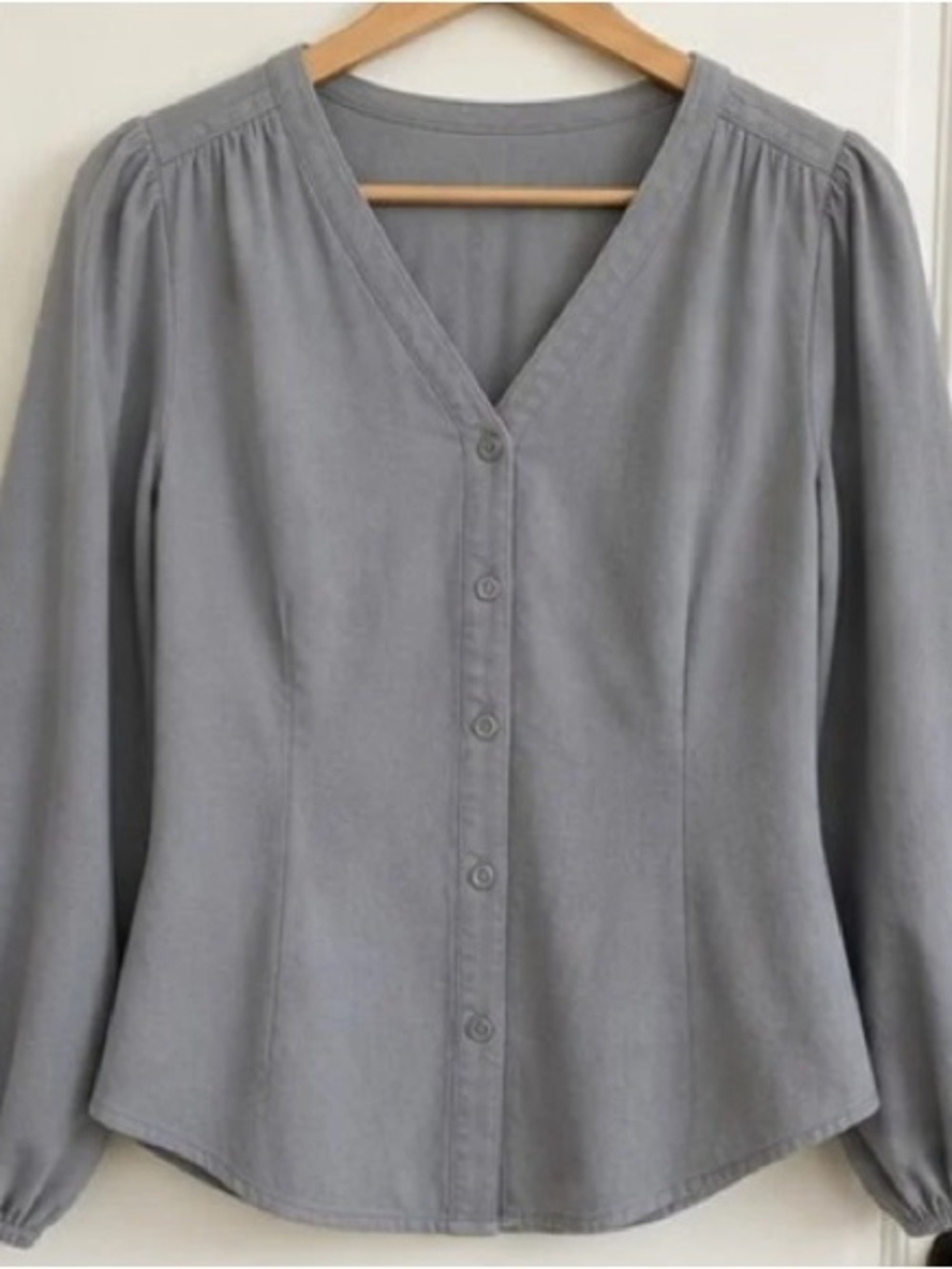 Women's Gray V-Neck Button Front Blouse